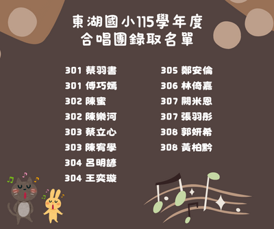 115學年度東湖國小合唱團錄取名單